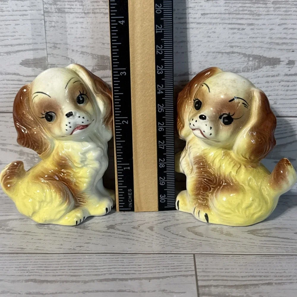 VTG Japan Ceramic Puppy Dog Salt Pepper Shakers Big Eye Cocker Spaniel Pair